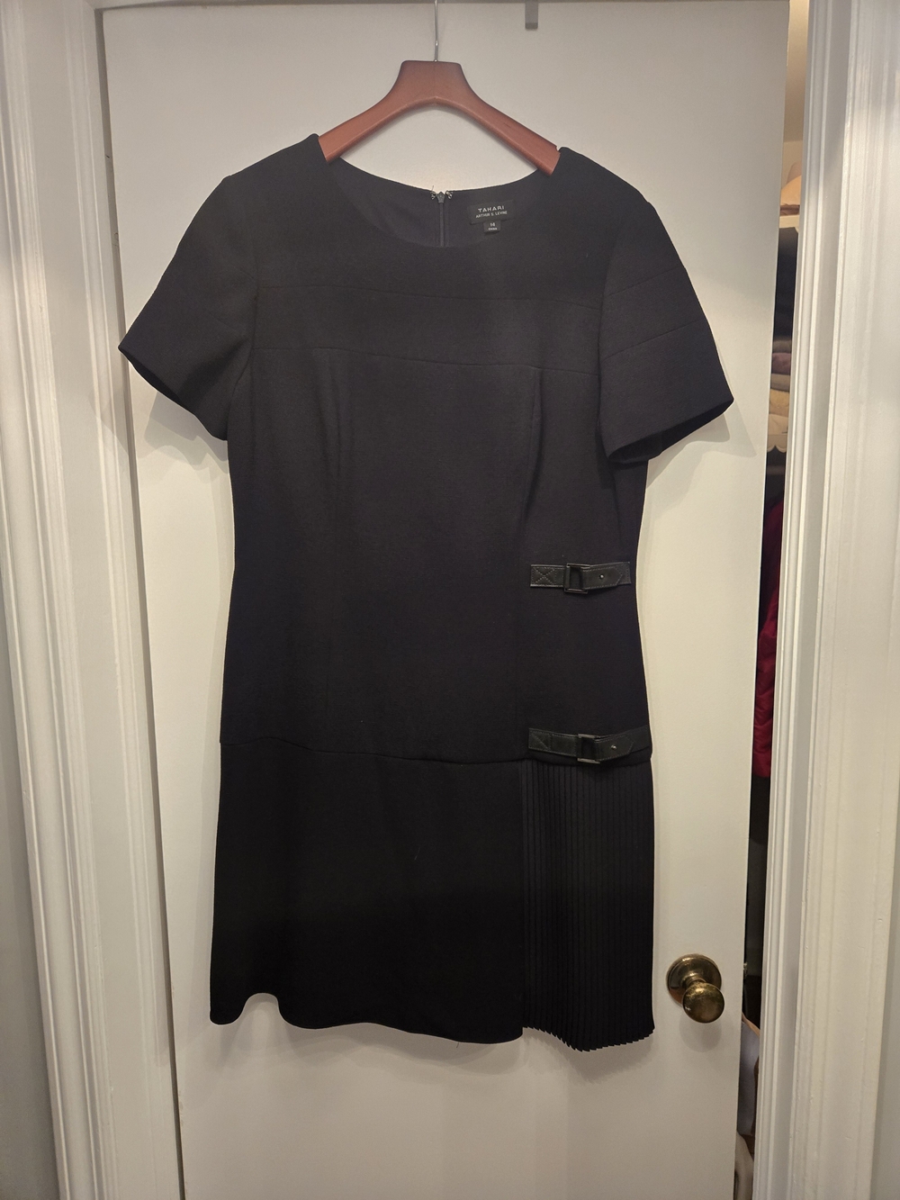 Tahari Black Short-Sleeve Sheath Dress with Buckle Accents